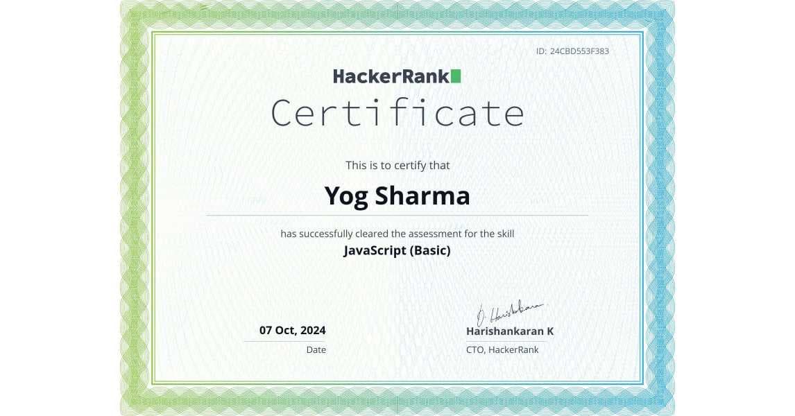 JavaScript (Basic) Certificate certificate from HackerRank