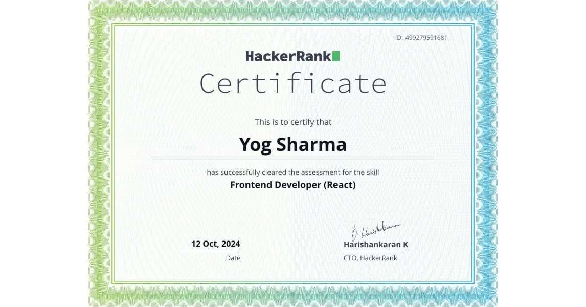 Frontend Developer (React) Certificate certificate from HackerRank