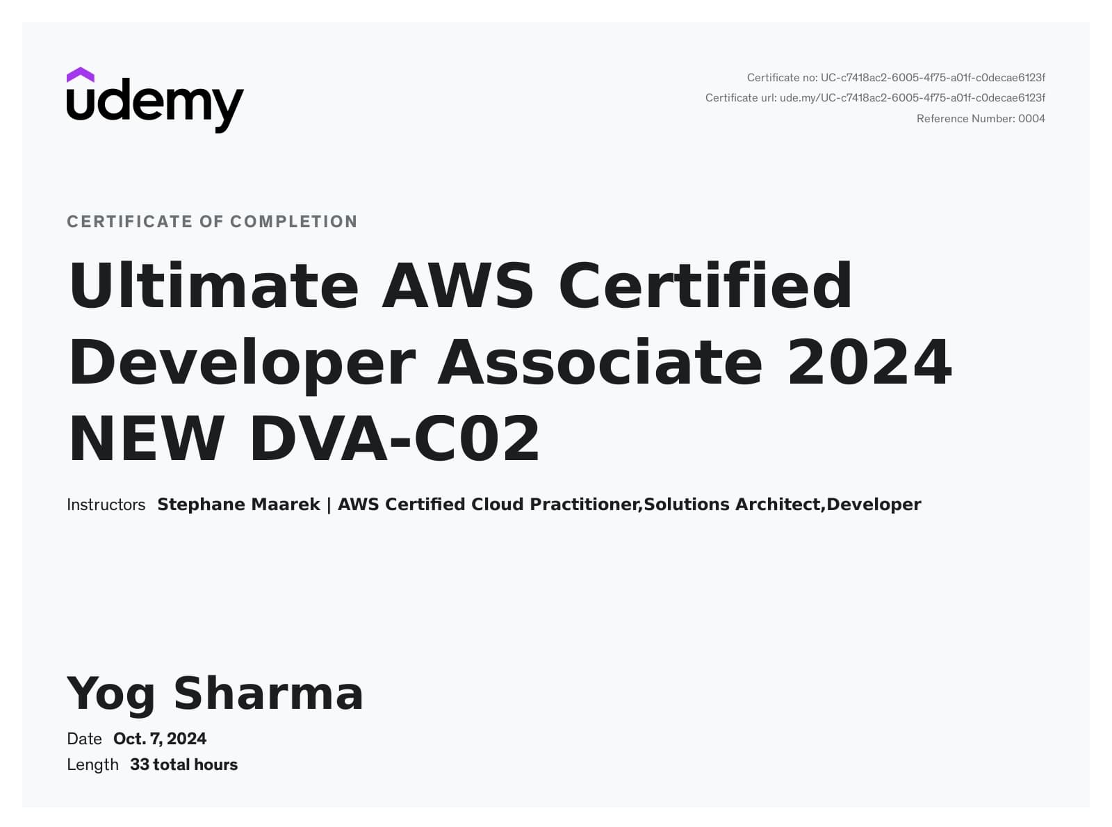 AWS Certified Developer - Associate (DVA-C02) certificate from Udemy